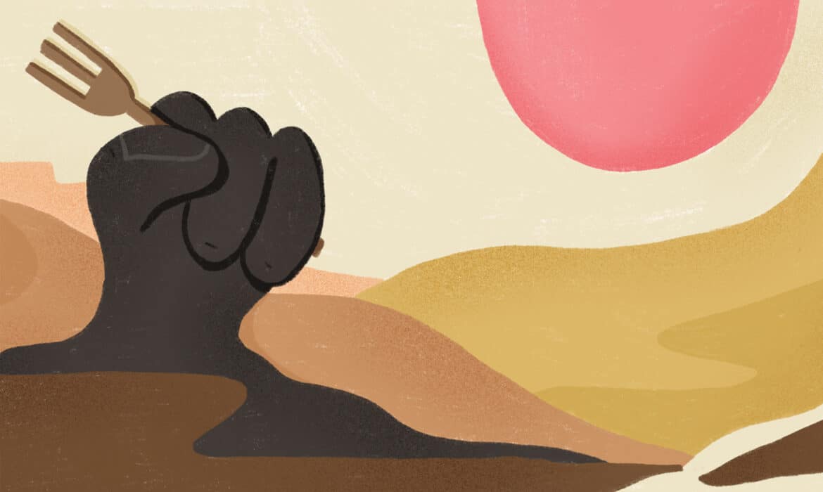 Food desert illustration represented by a fist holding a fork coming out of the sand. Illustration by Fiorella Quaranta