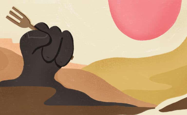 Food desert illustration represented by a fist holding a fork coming out of the sand. Illustration by Fiorella Quaranta