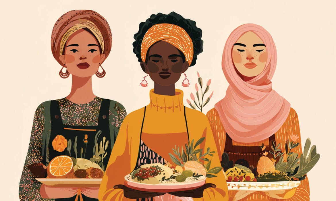 Illustration of three multicultural woman with plates of their native foods.