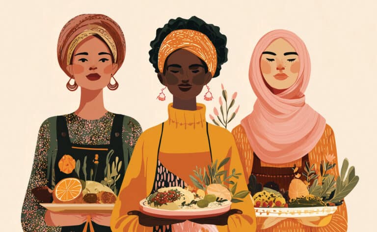 Illustration of three multicultural woman with plates of their native foods.