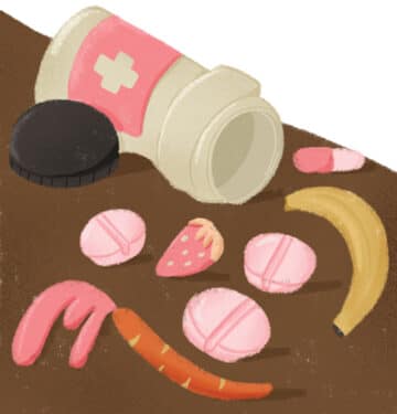 Illustration of a medicine bottle with pills and produce falling from it. Illustration by Fiorella Quaranta.