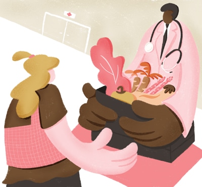 Illustration of a doctor handing a box of food to a woman. Illustration by Fiorella Quaranta