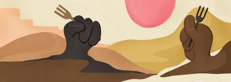Representational illustration of a food desert with a hand clutching a fork emerging from the sand. Illustration by Fiorella Quaranta.