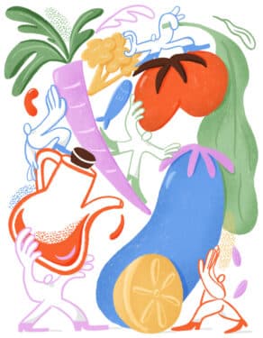 Illustration of produce with figures scattered in between holding them up