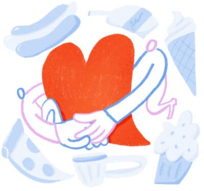Figures embracing a heart surrounded by food. Illustration by Fiorella Quaranta.