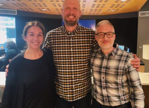 Dan Dean in the center, poses with Northwestern professors Stephanie Lynn Edgerly, PhD, and David N. Rapp, PhD at Chicago Recording Company