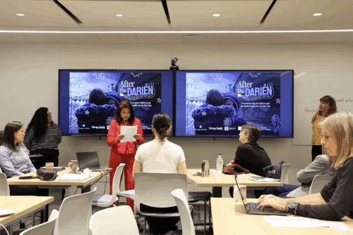 Clavel Rangel and Katie Scarlett Brandt present to members of the United Nations and immigration researchers at CERC in Toronto