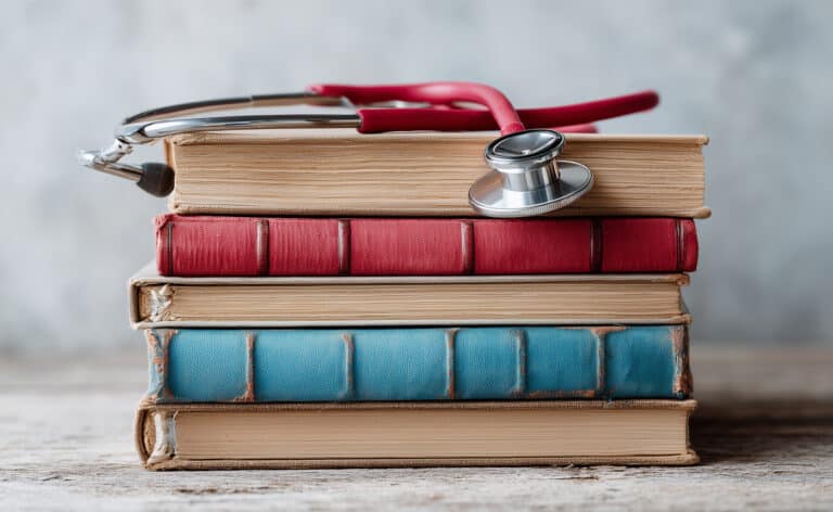 A stack of 5 books with a stethoscope