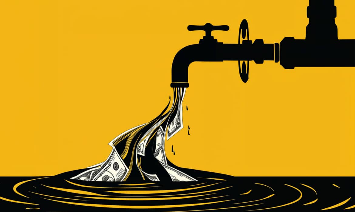 Illustration of money pouring out of a faucet. Representation of increasing expenses and medical debt.