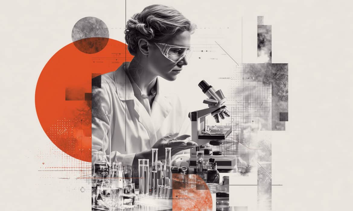 Photo collage of a scientist developing a rare disease drug