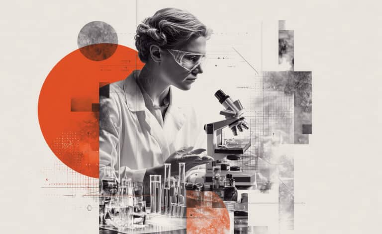 Photo collage of a scientist developing a rare disease drug