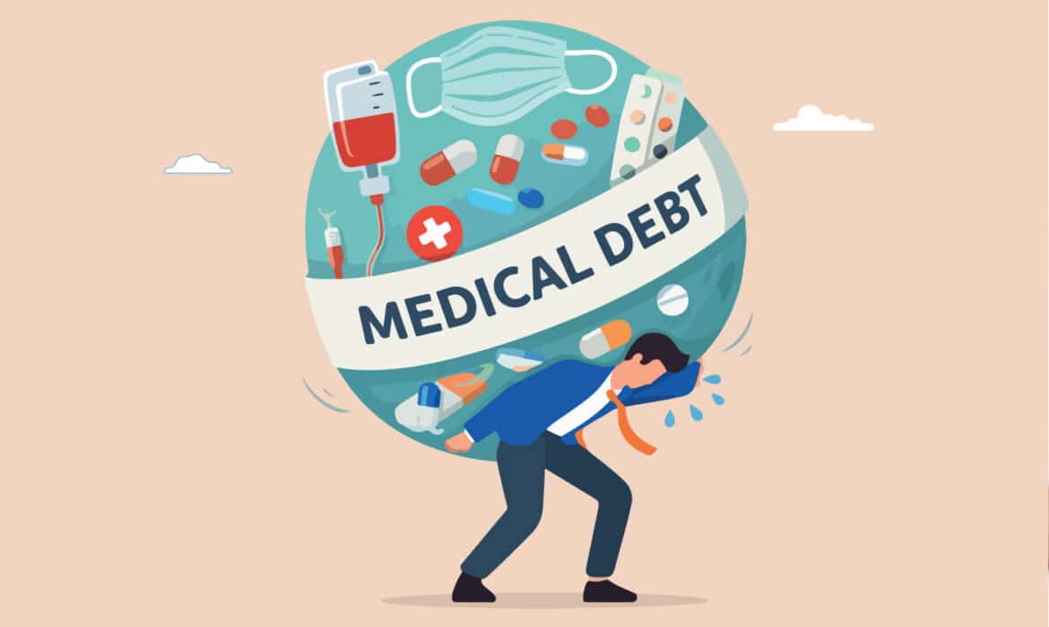 Illustration of a man carrying the weight of the world on his shoulders due to medical debt