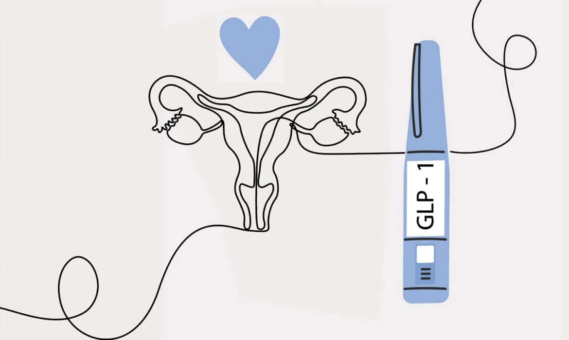 Illustration of a GLP-1 injectable and a woman's uterus representing the relationship to fertility