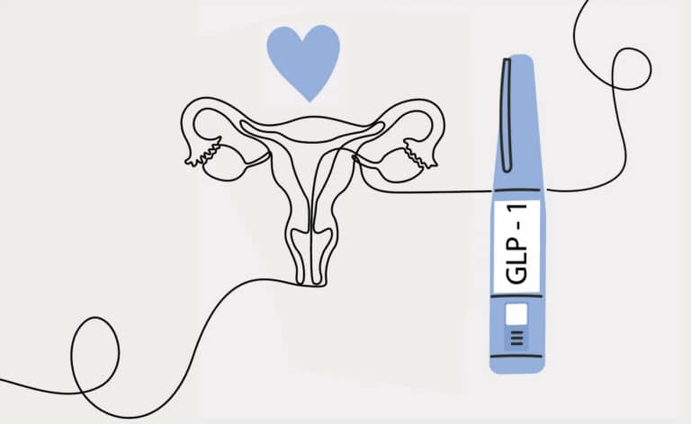 Illustration of a GLP-1 injectable and a woman's uterus representing the relationship to fertility