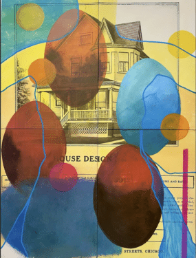 An artist's interpretation of a cancer patient's experience shows a drawing of a house with colored eggs in the foreground