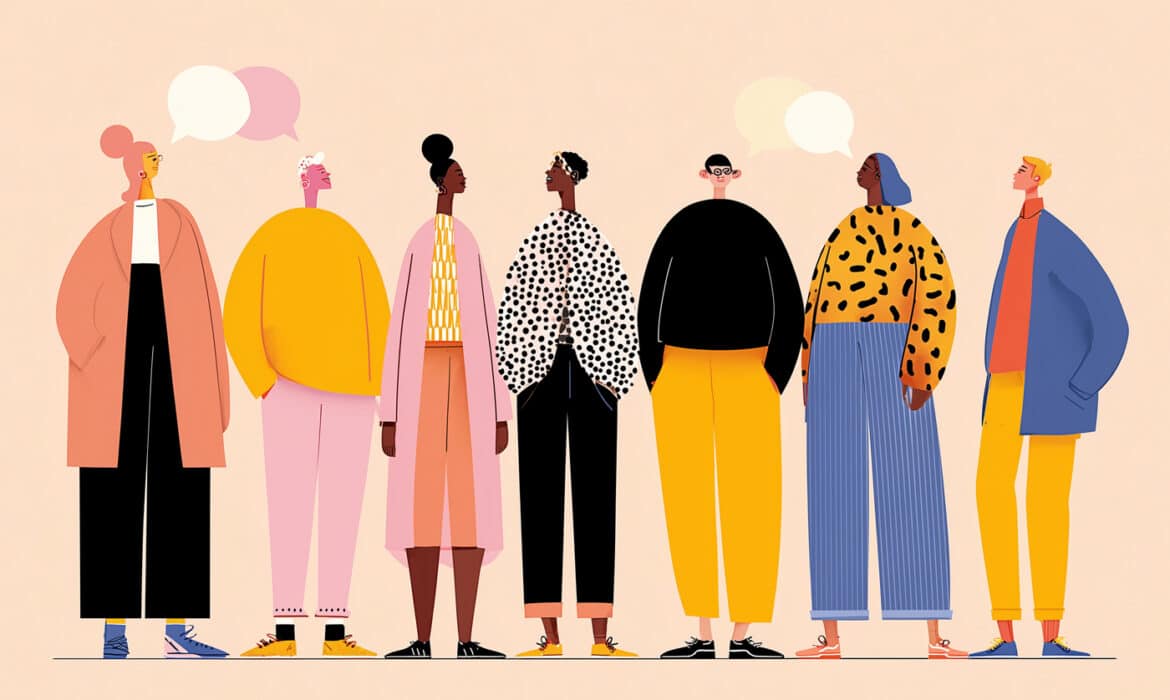 Illustration of a diverse group of people talking and sharing ideas. community question