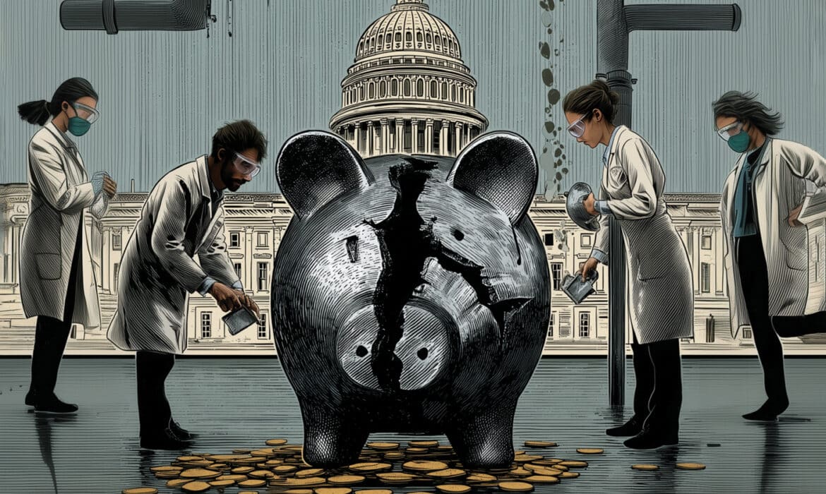 Scientists and researchers surround a broken piggy bank with the federal capitol building in the background.