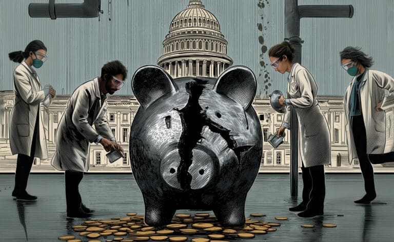 Scientists and researchers surround a broken piggy bank with the federal capitol building in the background.