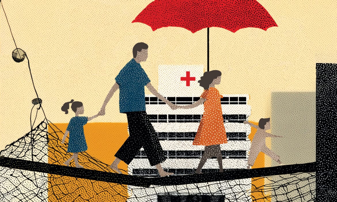 Illustration of a family walking on a tightrope holding an umbrella. There are safety nets below. and a hospital in the background. Concept of safety-net hospitals.