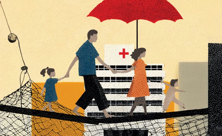 Illustration of a family walking on a tightrope holding an umbrella. There are safety nets below. and a hospital in the background. Concept of safety-net hospitals.