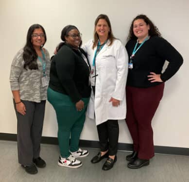 The Cancer Prevention and Survivorship Clinical Program team includes (left to right) Neha Awati, MD, Keshia Hill, Pamela Ganshow, MD, and Genesis Rios