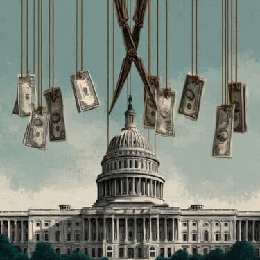 Federal funding cuts illustration. Dollars hanging on a string in front of the U.S. capitol with a pair of scissors above
