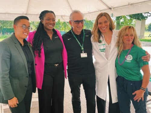 Ald. Jessie Fuentes poses with Equal Hope CEO Paris Thomas, PhD; Rush health equity leader David Ansell, MD; Rush oncologist Summer Dewdney, MD; and Chicago Park District Health and Wellness Officer Colleen Lammel-Harmon