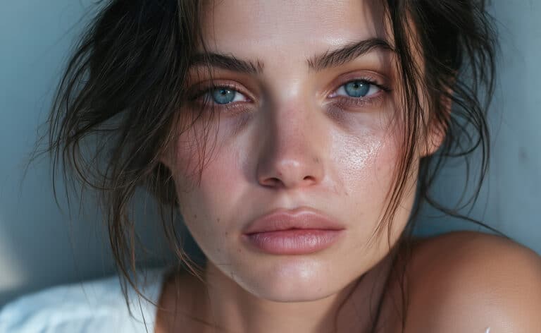Closeup of a young woman with dark circles under her eye.