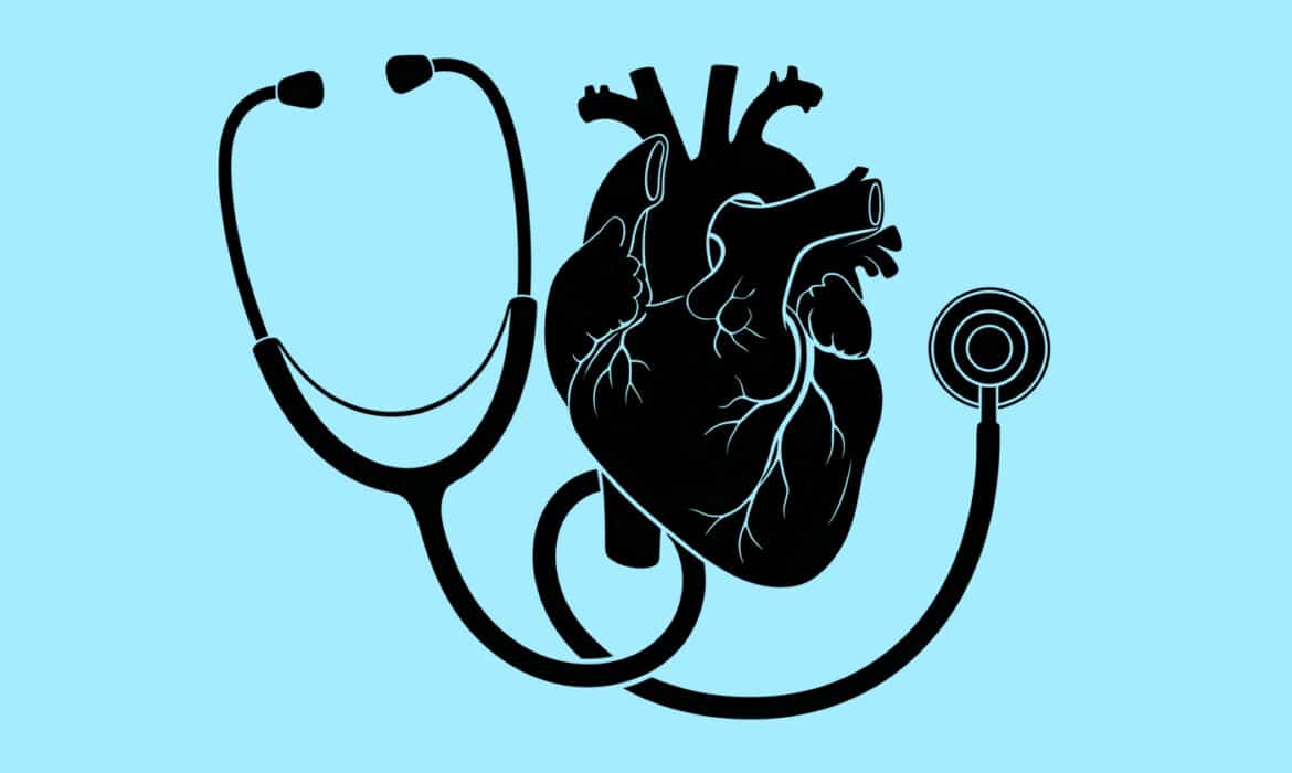 Illustration of a stethoscope wrapped around a heart.