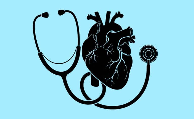 Illustration of a stethoscope wrapped around a heart.