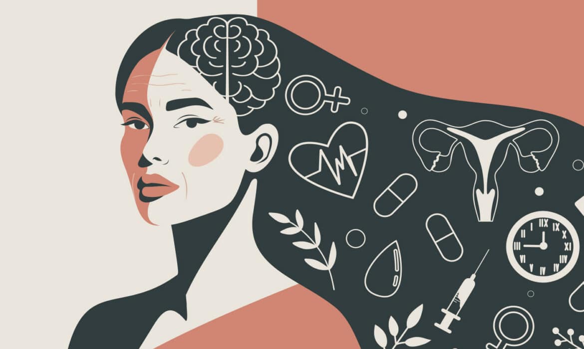 Conceptual portrait illustration of a middle aged woman with hormonal icons