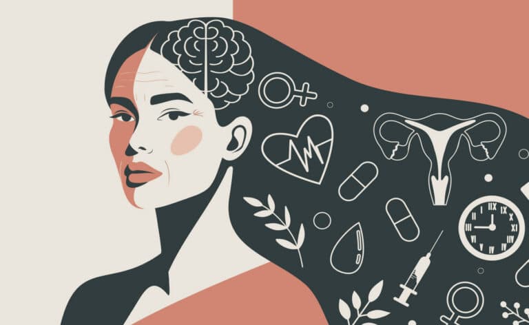 Conceptual portrait illustration of a middle aged woman with hormonal icons