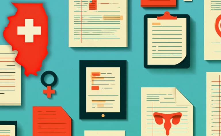 Stylized reproductive-health illustration featuring an Illinois silhouette with a medical cross, medical records, a female symbol, a tablet, and a uterus graphic on a teal background. Protection of abortion records represented.