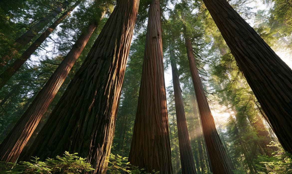 A forest of tall old redwood trees representing a long lifespan.