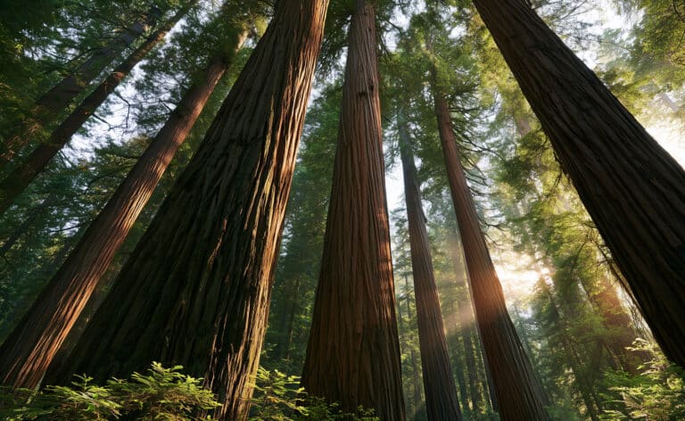 A forest of tall old redwood trees representing a long lifespan.