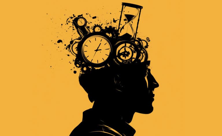 A figure contemplates the passage of time. Black profile silhouette with clocks, gears, ink splatters, and an hourglass emerging from the head against a golden-orange background.
