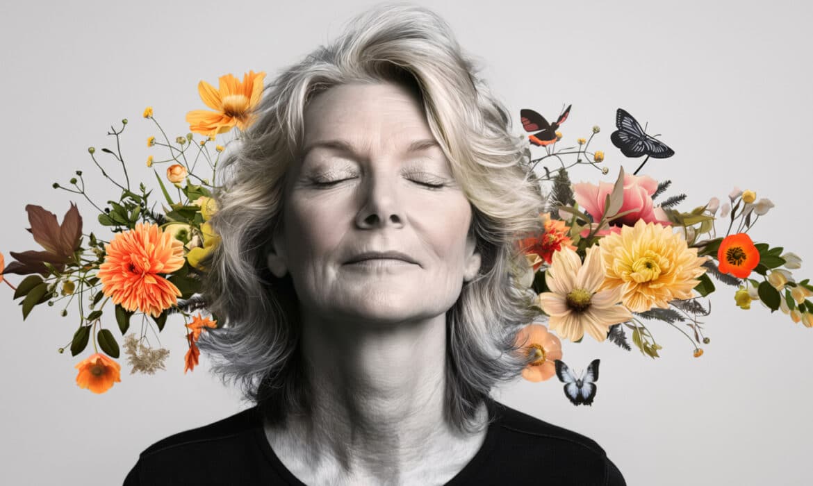Portrait of a woman in her 50s. Her eyes are closed in deep thought, contemplating hormone therapy.