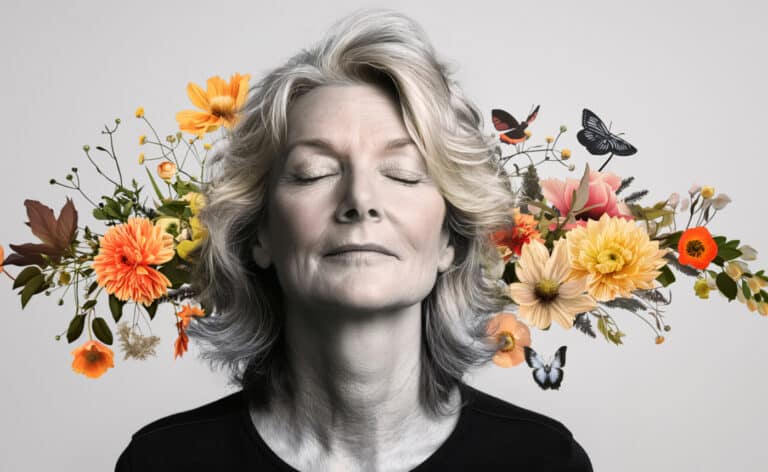 Portrait of a woman in her 50s. Her eyes are closed in deep thought, contemplating hormone therapy.