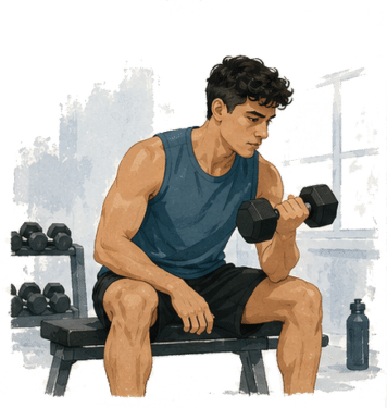 Man in his 20s lifting heavy dumbbells