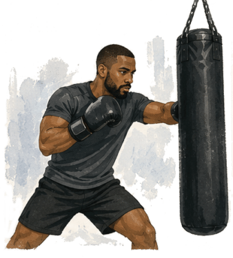 Man in his 30s working out with a punching bag