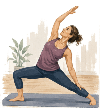 Illustration of a woman in her 40s practicing yoga
