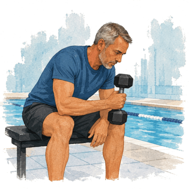 A man in his 50s lifts a dumbbell