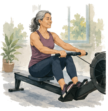 A woman in her 60s works out on a rowing machine