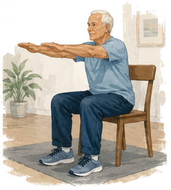 A man in his 70s practices chair yoga
