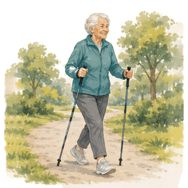 A woman in her 80s walks on a path outdoors with walking sticks for balance