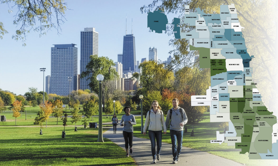 Healthy and fit people seen walking and jogging in a park with the Chicago skyline in the background. A map of Chicago appears on the side showing people's life expectancy by neighborhood. Concept of making Chicago a healthy Blue Zone city