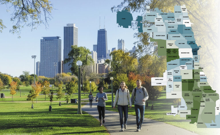 Healthy and fit people seen walking and jogging in a park with the Chicago skyline in the background. A map of Chicago appears on the side showing people's life expectancy by neighborhood. Concept of making Chicago a healthy Blue Zone city