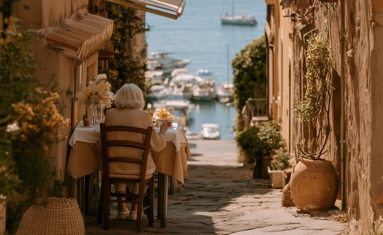 An senior woman dines at a small restaurant outdoors looking onto the Mediterranean Sea