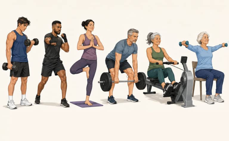 An illustration of a diverse group of people arranged from youngest to oldest, each engaging in exercises tailored to their age group.