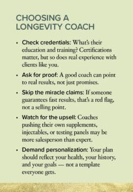 Sidebar of tips with recommendations on selecting a longevity coach